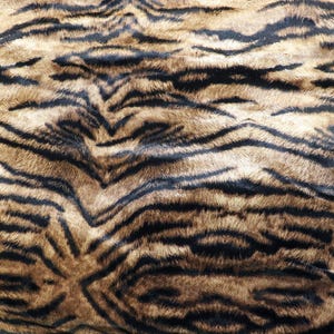 Puede incluir: Una tela texturizada con un patrón repetitivo de rayas horizontales onduladas de color negro oscuro sobre un fondo de color tostado claro y marrón dorado. La superficie tiene un aspecto suave y fibroso con una textura densa de pelo corto.