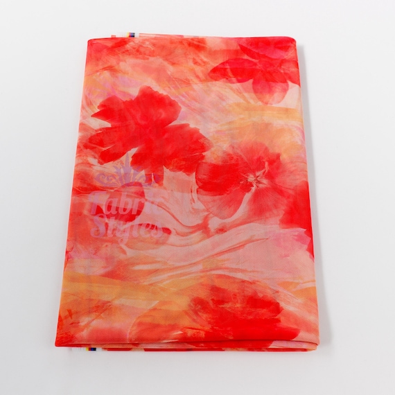 Orange Floral Power Mesh Fabric | Lightweight 90gsm 4-Way Stretch Net 160cm Wide