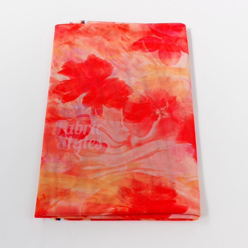 Orange Floral Power Mesh Fabric | Lightweight 90gsm 4-Way Stretch Net 160cm Wide