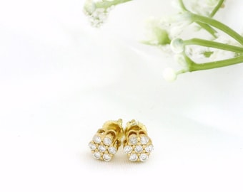 Gold Flower Cluster Diamond Stud Earrings | Round Diamond Floral Cluster Studs | 14K Gold Screw Back Earrings | Bridal Jewelry