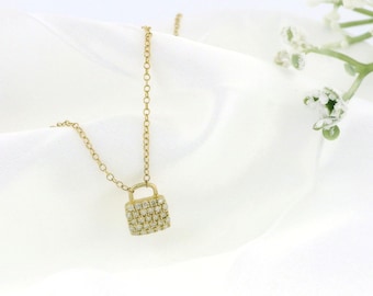 Gold Diamond Pave Padlock Pendant Necklace | Round Diamond Lock Charm Necklace | 10K Gold Dainty Lock Necklace | Minimalist Jewelry
