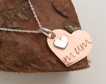 Mixed Metal Copper Heart Necklace, Name Necklace Copper, Silver Heart, Copper Heart Pendant, Heart Jewellery Gift, Handmade Necklace