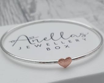 Sterling Silver Heart Bangle, Sterling Silver Bangle with a Copper Heart, Copper Heart and Silver Bangle, Heart Bracelet, Heart Bangle