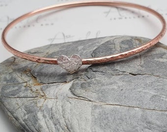 Copper Heart Charm Bangle, Textured Copper Bracelet With A Sterling Silver Heart, Mixed Metal Bangle, Simple Everyday Stacking Bangle