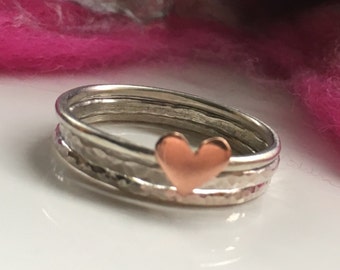 Sterling Silver Stacking Rings, Set of Three Rings, Stacking Rings Set, Set of 3 Rings, Delicate Rings, Copper Heart Ring, Mixed Metal Ring