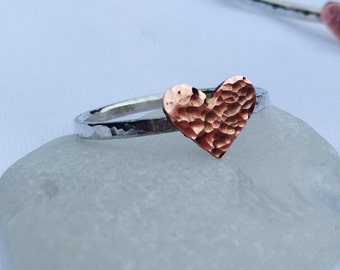 Heart Ring, Sterling Silver Ring, Copper Heart Ring, Stacking Ring Silver, Silver Heart Ring, Copper and Silver Ring, Mixed Metal Heart Ring