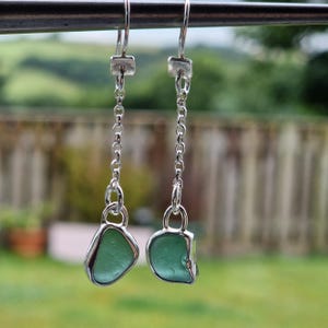Green Drop Sea Glass Earrings, Unique Sea Glass Earrings, Cornish Sea Glass Jewellery, Earrings with Sea Glass, Handcrafted Earrings