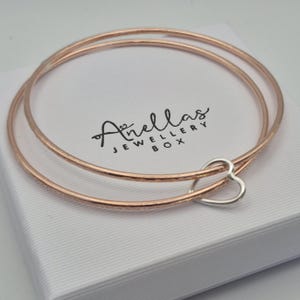 Two Copper Bangles Joined By A Silver Heart, Mixed Metal Heart Bangle Set, Copper and Silver Bangle Set, Textured Bangles