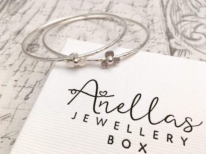 Sterling Silver Flower Bangle Flower Charm Bracelet Textured Etsy