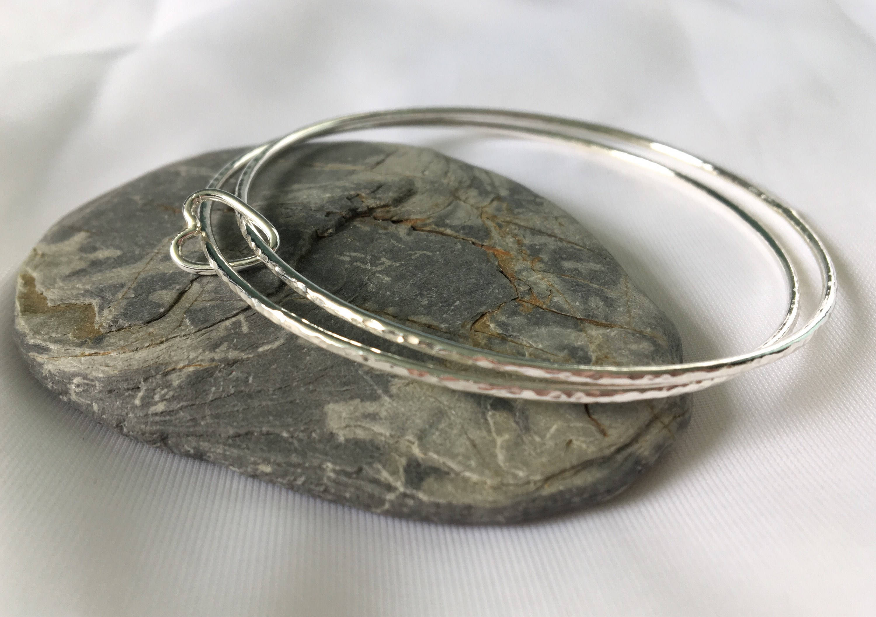 Sterling Silver Bangle Set Heart Charm Bangles Silver Etsy UK