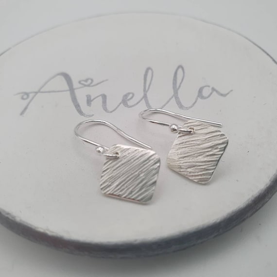 Diamond Shaped Sterling Silver Earrings, Handmade Dangle Earrings, Hammered Earrings, Textured Earrings, Everyday Earrings, Simple Earrings