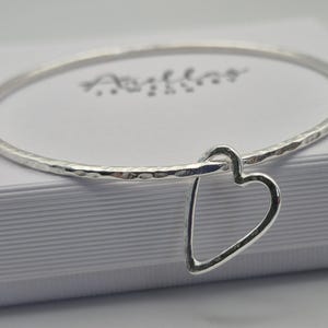Hollow Heart Bangle, Silver Bangle, Open Heart Bangle, Sterling Silver Heart Charm Bangle, Textured Bangle, Love Bracelet, Hammered Bracelet