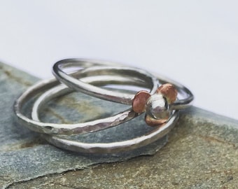 Mixed Metal Flower Sterling Silver Stacking Ring Set