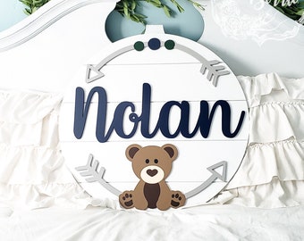 Boy Bear with Arrow on 24" Shiplap Backboard Nursery Name Sign | Custom Baby Name Sign | Baby Shower | Nursery Decor | Teddy Bear with Arrow