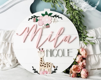 24" Giraffe with Animal Flowers on Shiplap Backboard Nursery Name Sign | Floral Baby Name Sign | Baby Shower | Nursery Sign | Giraffe