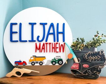 24" Race Car, Dump Truck, Bulldozer Name Sign for Nursery  | Custom Name Sign | Baby Boy Name Sign for Nursery | Baby Shower Gift | Boy Sign