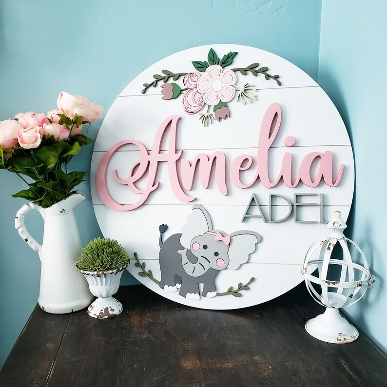 24 Elephant and Floral Nursery Name Sign Shiplap Etsy