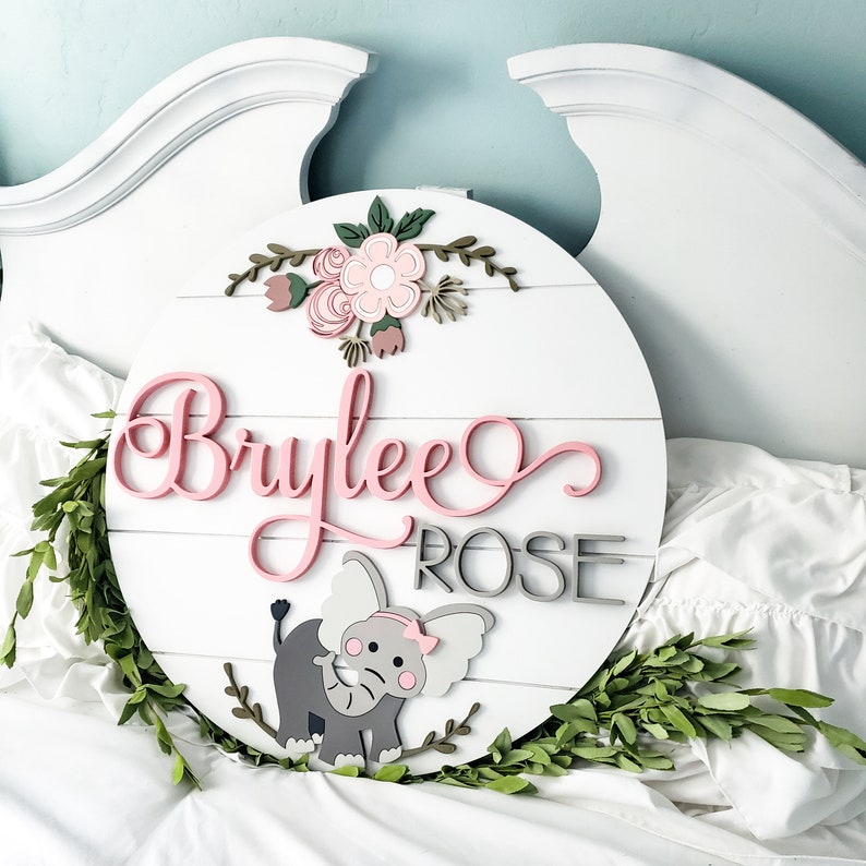 24 Elephant and Floral Nursery Name Sign Shiplap Etsy