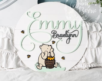 24" Winnie the Pooh with Honey on Backboard on Shiplap Like Backboard| Custom Wood Name Sign | Baby Name Sign | Baby Shower | Nursery Sign