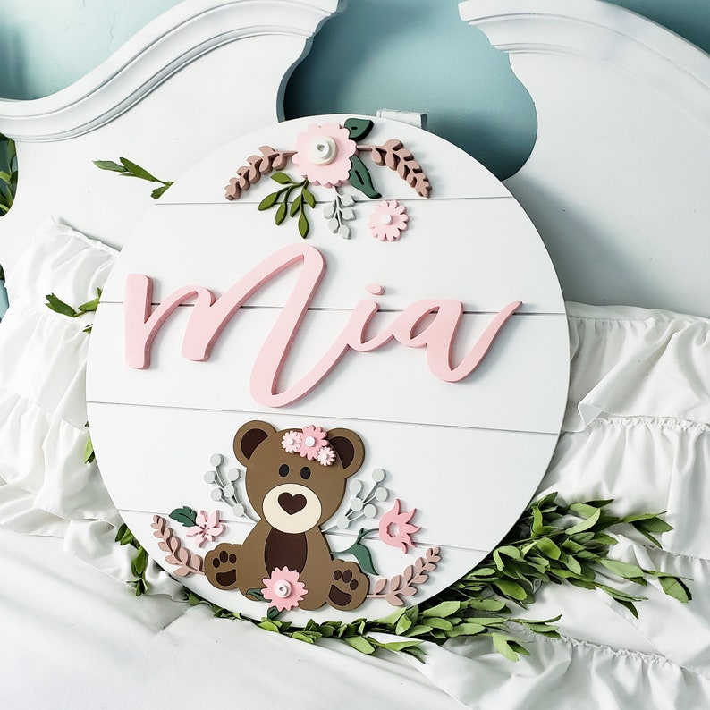Teddy Bear With Flowers Nursery Baby Sign Bear With Flowers On Shiplap Backboard Nursery Name Sign Floral Baby Name Sign Baby Shower Home Decor Wall Decor Safarni Org