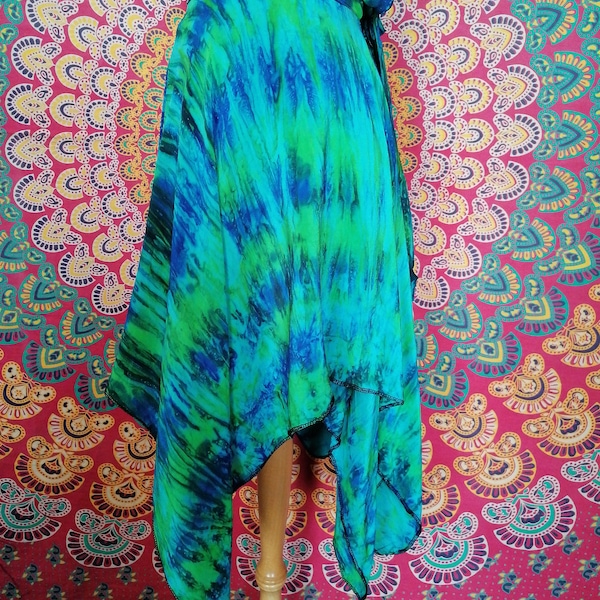 Wrap Skirt Knee Length in Silky Sari Fabric. Boho, Hippy, Ethnic. Festival, Beach, Holiday, Party. Two tone Greens. Size 8- 16.