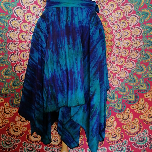 Wrap Skirt in Silky Sari Fabric. Knee length one size from 8 to 16 tie fastening. Dark Purple/Green. Boho, Hippy, Festival,