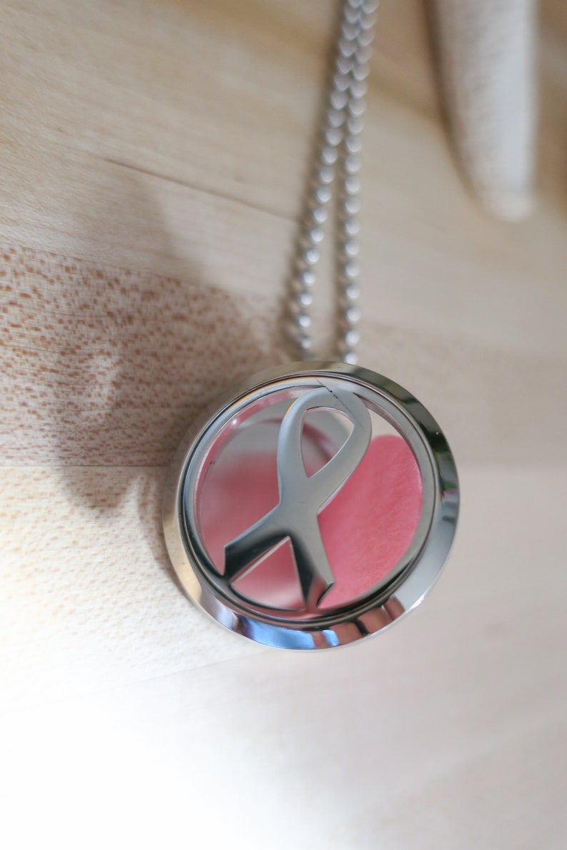 Stainless Steel Breast Cancer Ribbon Essential Oil Diffuser Necklace Hypoallergenic