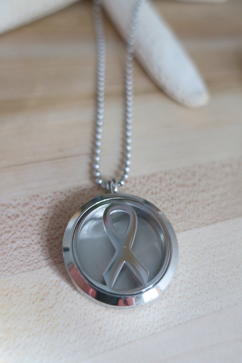 Stainless Steel Breast Cancer Ribbon Essential Oil Diffuser Necklace Hypoallergenic