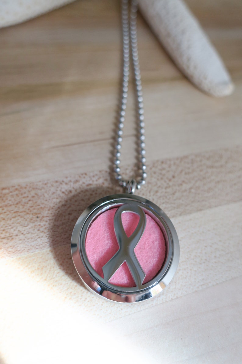 Stainless Steel Breast Cancer Ribbon Essential Oil Diffuser Necklace Hypoallergenic