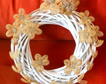 Gold Seed Bead Flower Wreath Grave Funeral Wreath Decorative Beaded Flowers Wreath