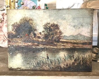 Tableau A L’huile Ancien 19eme Peinture Cadre Pêcheur Durance Antique Painting