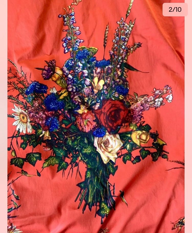 Rideau Rouge Ancien Vintage 1950 Beau Tissu Coton Fleurs Antique Fabric Curtain