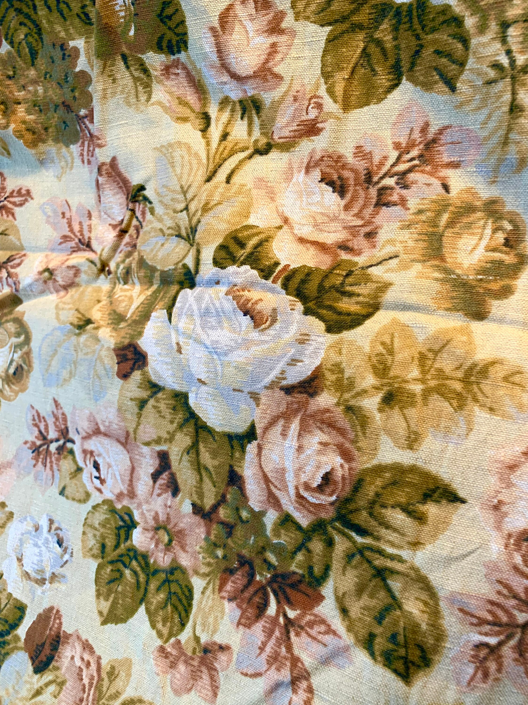 Beau Rideau Ancien en Lin Roses Jaunes Boussac Vintage Linen Fabric Curtain Antique