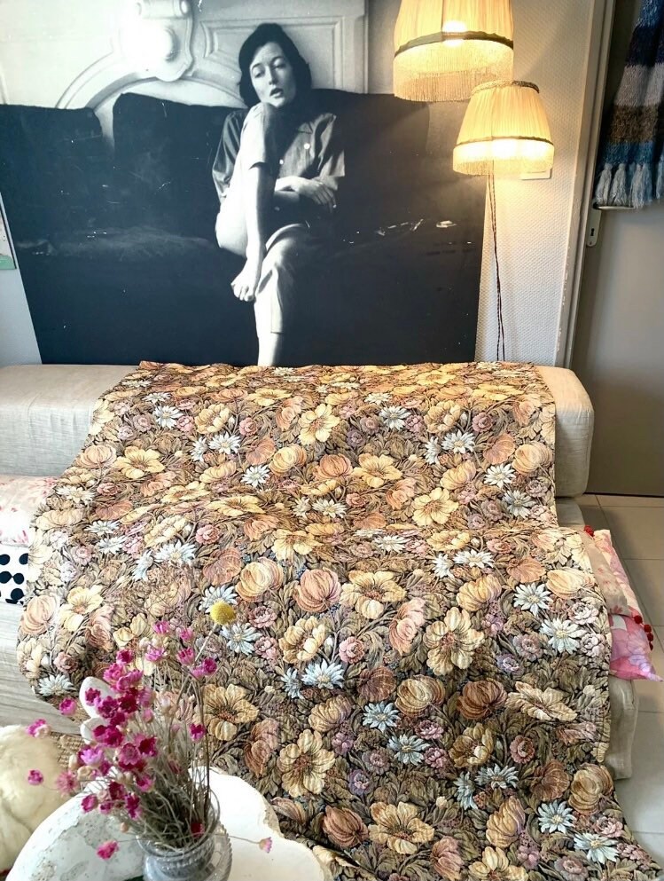 Gd Rideau Tissu Ancien Tapisserie Champ de Fleurs Vintage Linen Tapestry Curtain