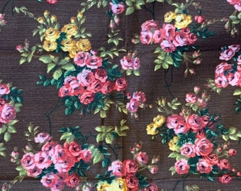 Coupon Tissu Coton Ancien Roses Pompons Style Boussac 1960/70 Vintage Fabric