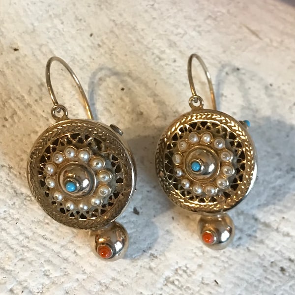 Dormeuses anciennes or sur argent antique etruscan style italian earrings