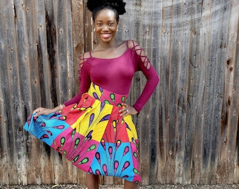 Tady Midi Skirt, African Skirt, Ankara Knee Length Skirt, Peplum Skirt, Custom Made African Skirt, Skirt With Shash, Kente Midi Skirt