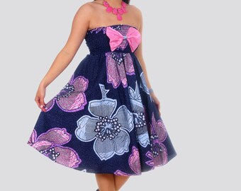 African Print Midi Dress • Blue Pink Ankara Smocked Bust Dress • Maternity Maxi Dress • African Clothing for Women • Festival Party Outfit
