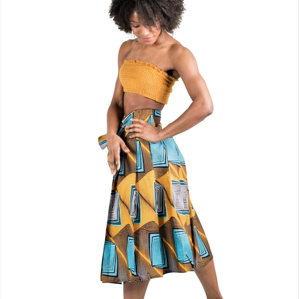 Ankara Midi Skirt with Sash and Pockets • African Print Skirt for Women • Handmade African Clothing • Wedding Party Outfit