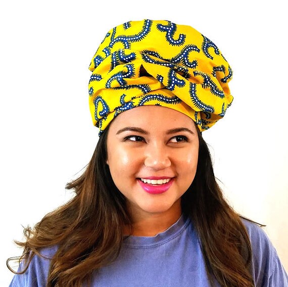 African Headwrap, Yellow Blue Ankara Head Tie, African Print Scarf