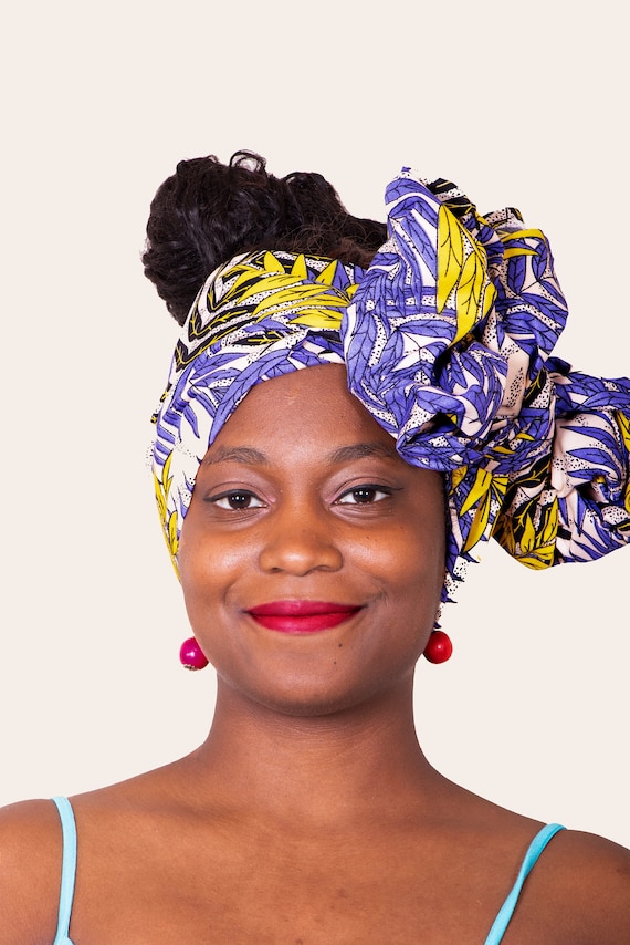 African Print Ankara Yellow and Blue Multicolor Headwrap Blue and Yellow Headwrap, African Print Headwrap, Ankara  main image 2