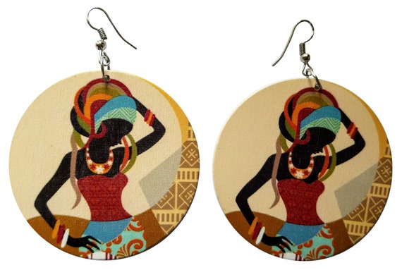 African Wooden Earrings, Multicolor Ethnic Jewelry, Afrocentric