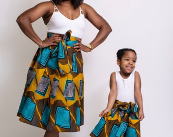 Jupes assorties maman et moi imprimé africain, tenues maman et moi, jupes mère et fille, jupes mi-longues, vêtements africains, jupe filles