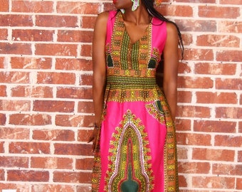 Robe africaine rose/verte, robe imprimée africaine, robe Maxi, robe Dashiki, rose et vert, sororité, vêtements africains, robe Ankara,