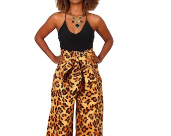 Leopard Print Palazzo Pants African Wide Leg Pants for Women • Ankara Pants • Flowy High Waist African Clothing • Festival Outfit