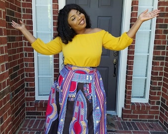 Tosin African Print Dashiki Maxi Skirt, Black Brown Long Dashiki Skirt with Pockets, Pleated African Maxi Skirt XS-XL
