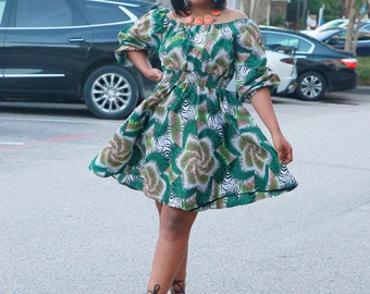 Vestido midi com estampa africana, vestido Ankara ombro a ombro, vestido africano curto para mulheres, vestido de festa de algodão, roupas da moda africana