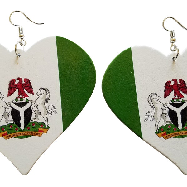 Heart Shaped Nigeria Earrings (Green/White), African Earrings, Wooden Earrings, Nigerian Fashion, Nigerian Flag, African Accessories