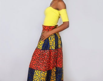 Jupe longue à imprimé africain avec poches, jupe longue à écusson Ankara multicolore, vêtements africains plissés taille haute pour femme