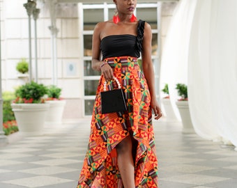 Jupe haute à imprimé africain, jupe basse haute, jupe africaine, jupe haute basse Ankara, mode africaine, vêtements pour femmes, jupe kente